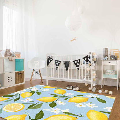Lemon Teal Blue Area Rug for Living Room 2x3 Modern Rug Washable Abstract Area Rug Large Non Slip Spring Summer Fruits Leaf Floral Textured Floor Carpet Mat Soft Indoor Rug for Bedroom Nursery Office