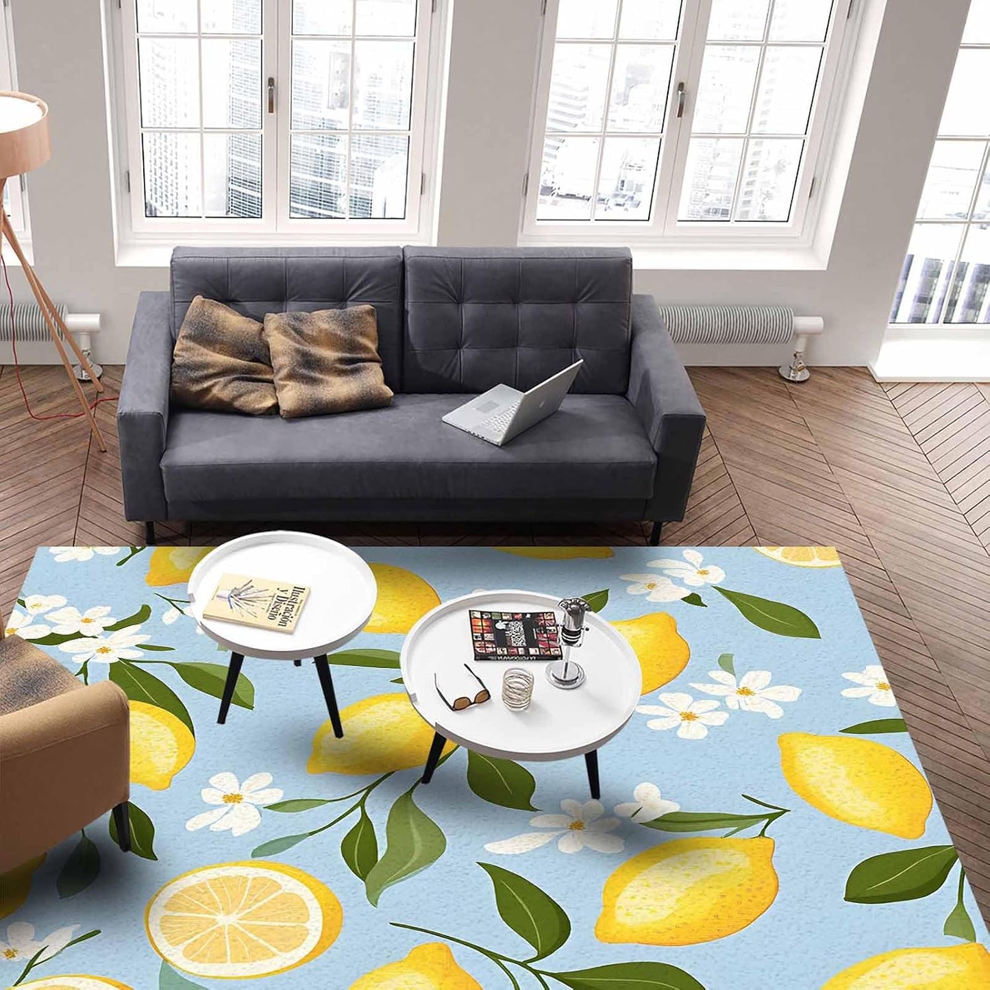 Lemon Teal Blue Area Rug for Living Room 2x3 Modern Rug Washable Abstract Area Rug Large Non Slip Spring Summer Fruits Leaf Floral Textured Floor Carpet Mat Soft Indoor Rug for Bedroom Nursery Office