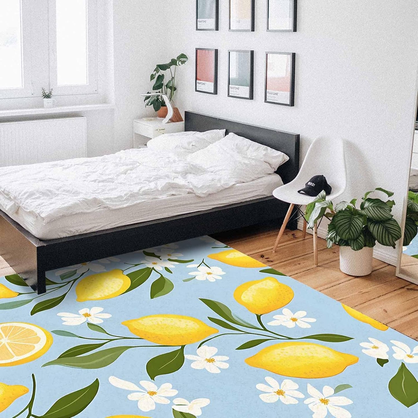 Lemon Teal Blue Area Rug for Living Room 2x3 Modern Rug Washable Abstract Area Rug Large Non Slip Spring Summer Fruits Leaf Floral Textured Floor Carpet Mat Soft Indoor Rug for Bedroom Nursery Office