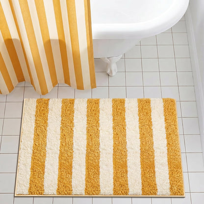 Yellow and White Striped Bathroom Rug 16 x 24 Inch Summer Flocked Bath Mat Non Slip TPR Backing Absorbent Bath Rug Minimalist Shower Floor Mat for Bathroom Sink Tub Entryway Decor