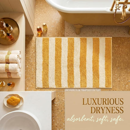 Yellow and White Striped Bathroom Rug 16 x 24 Inch Summer Flocked Bath Mat Non Slip TPR Backing Absorbent Bath Rug Minimalist Shower Floor Mat for Bathroom Sink Tub Entryway Decor