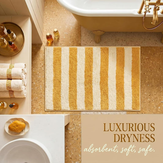 Yellow and White Striped Bathroom Rug 16 x 24 Inch Summer Flocked Bath Mat Non Slip TPR Backing Absorbent Bath Rug Minimalist Shower Floor Mat for Bathroom Sink Tub Entryway Decor