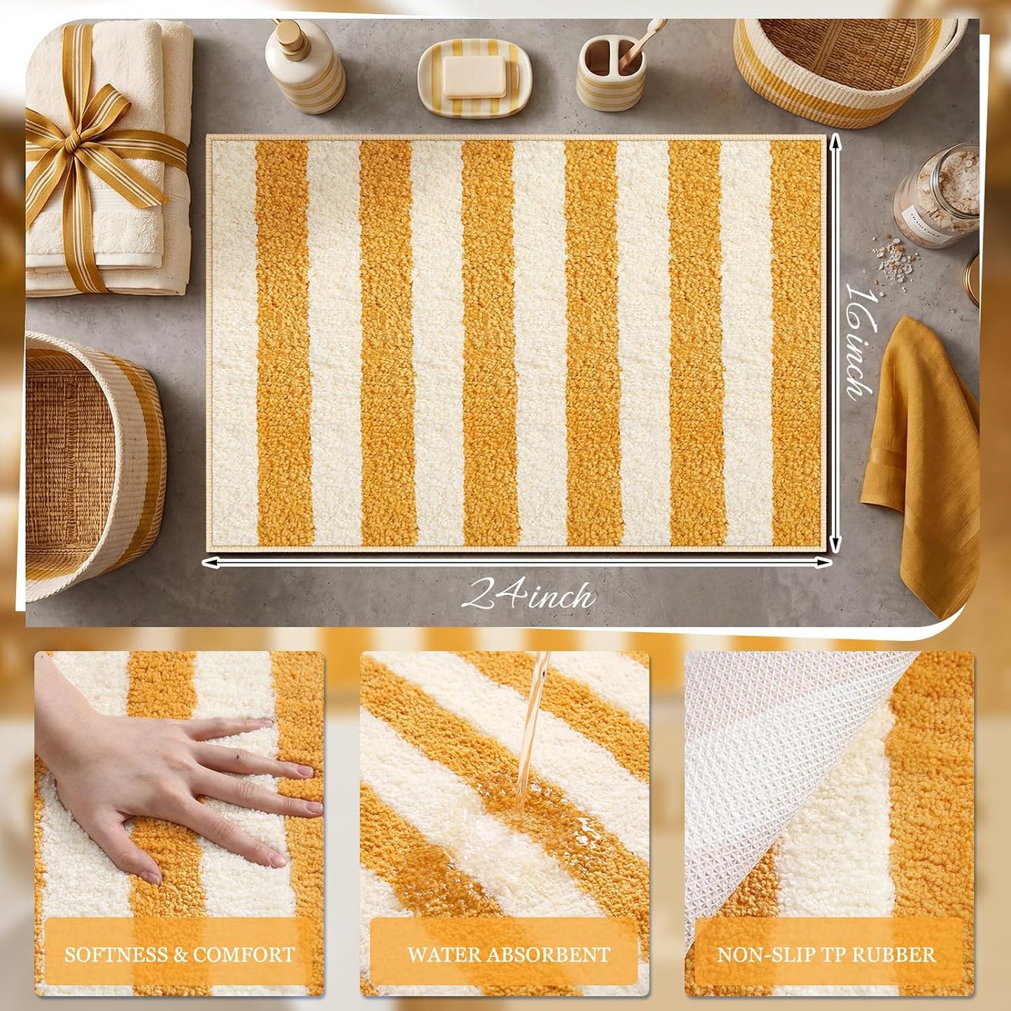 Yellow and White Striped Bathroom Rug 16 x 24 Inch Summer Flocked Bath Mat Non Slip TPR Backing Absorbent Bath Rug Minimalist Shower Floor Mat for Bathroom Sink Tub Entryway Decor