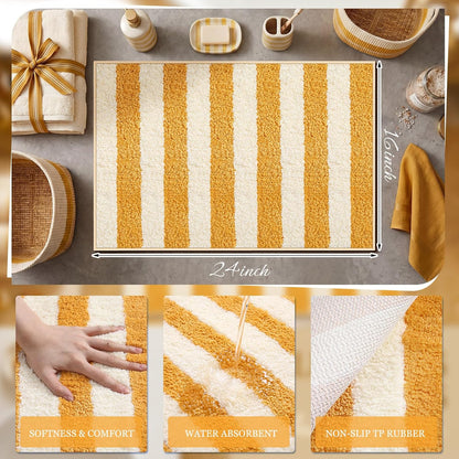 Yellow and White Striped Bathroom Rug 16 x 24 Inch Summer Flocked Bath Mat Non Slip TPR Backing Absorbent Bath Rug Minimalist Shower Floor Mat for Bathroom Sink Tub Entryway Decor