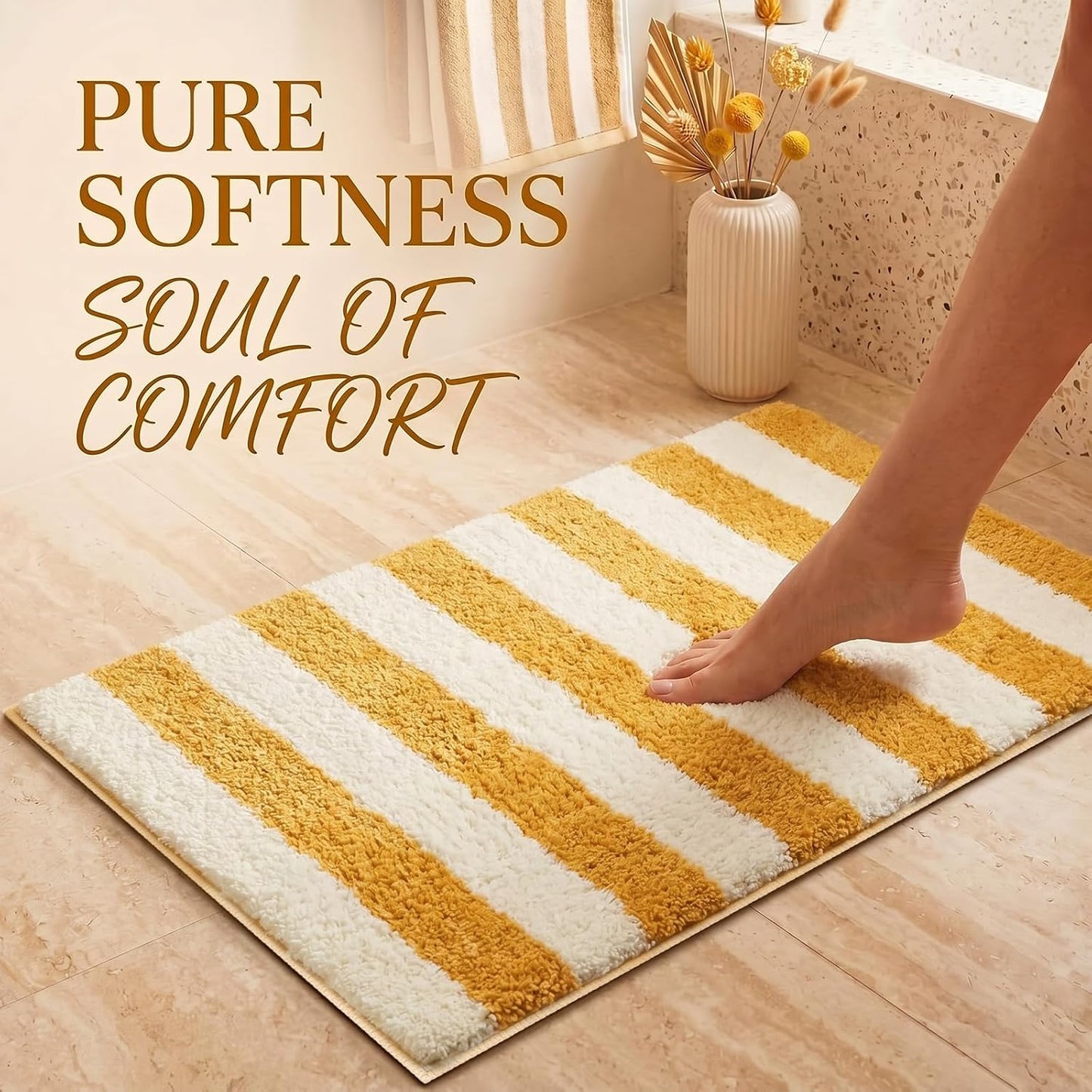 Yellow and White Striped Bathroom Rug 16 x 24 Inch Summer Flocked Bath Mat Non Slip TPR Backing Absorbent Bath Rug Minimalist Shower Floor Mat for Bathroom Sink Tub Entryway Decor