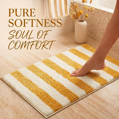 Yellow and White Striped Bathroom Rug 16 x 24 Inch Summer Flocked Bath Mat Non Slip TPR Backing Absorbent Bath Rug Minimalist Shower Floor Mat for Bathroom Sink Tub Entryway Decor