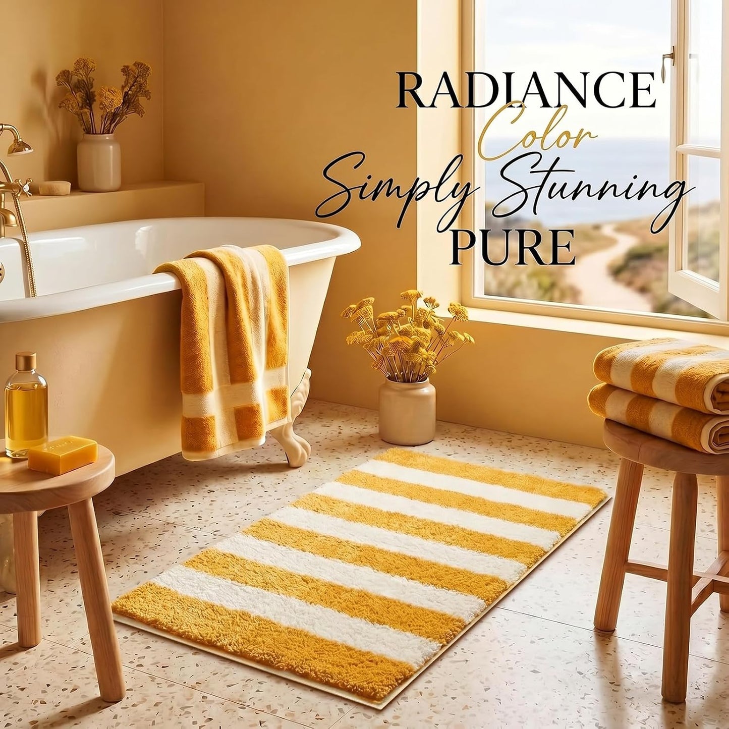 Yellow and White Striped Bathroom Rug 16 x 24 Inch Summer Flocked Bath Mat Non Slip TPR Backing Absorbent Bath Rug Minimalist Shower Floor Mat for Bathroom Sink Tub Entryway Decor