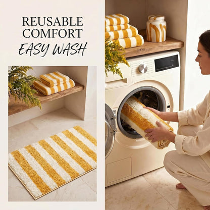 Yellow and White Striped Bathroom Rug 16 x 24 Inch Summer Flocked Bath Mat Non Slip TPR Backing Absorbent Bath Rug Minimalist Shower Floor Mat for Bathroom Sink Tub Entryway Decor