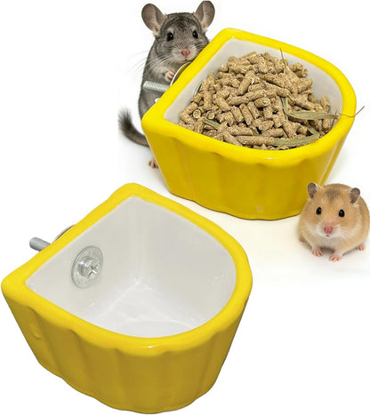 Chinchilla Food Bowl Ceramic Guinea Pig Cage Feeder Hanging Bunny Food Dish Small Animal Feeding Bowls for Syrian Hamster Ferret Gerbils (Yellow)
