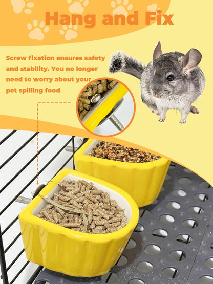 Chinchilla Food Bowl Ceramic Guinea Pig Cage Feeder Hanging Bunny Food Dish Small Animal Feeding Bowls for Syrian Hamster Ferret Gerbils (Yellow)