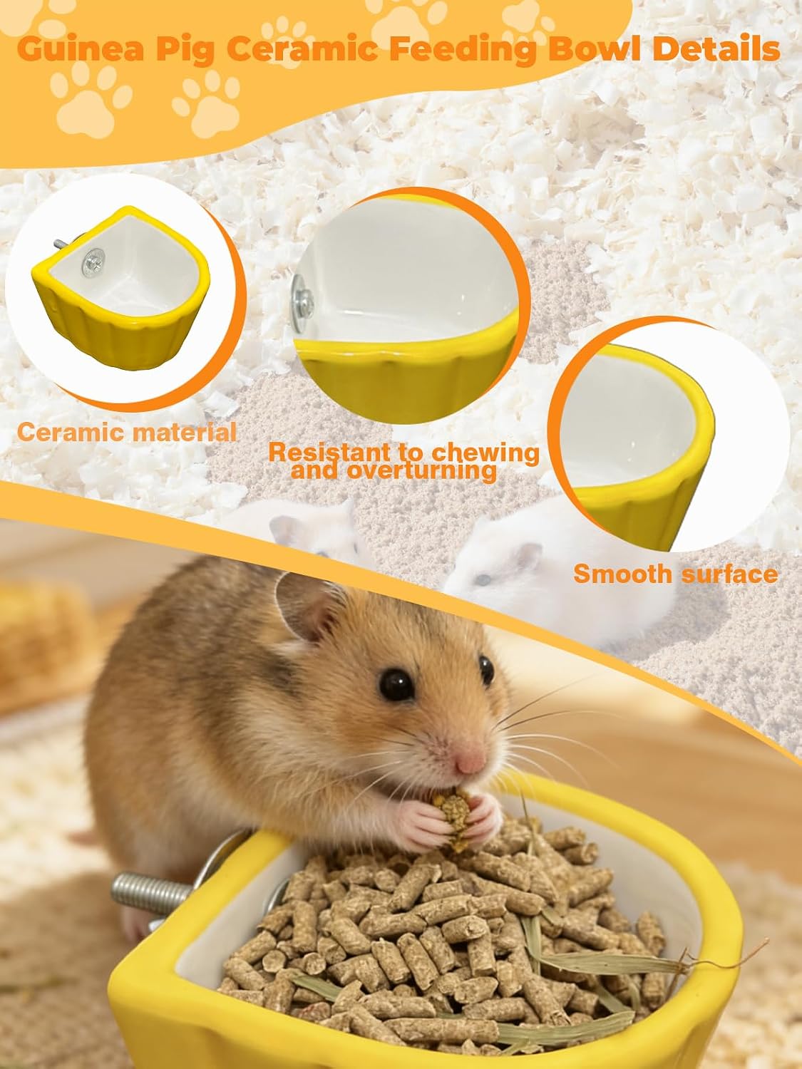 Chinchilla Food Bowl Ceramic Guinea Pig Cage Feeder Hanging Bunny Food Dish Small Animal Feeding Bowls for Syrian Hamster Ferret Gerbils (Yellow)