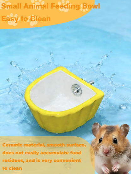 Chinchilla Food Bowl Ceramic Guinea Pig Cage Feeder Hanging Bunny Food Dish Small Animal Feeding Bowls for Syrian Hamster Ferret Gerbils (Yellow)