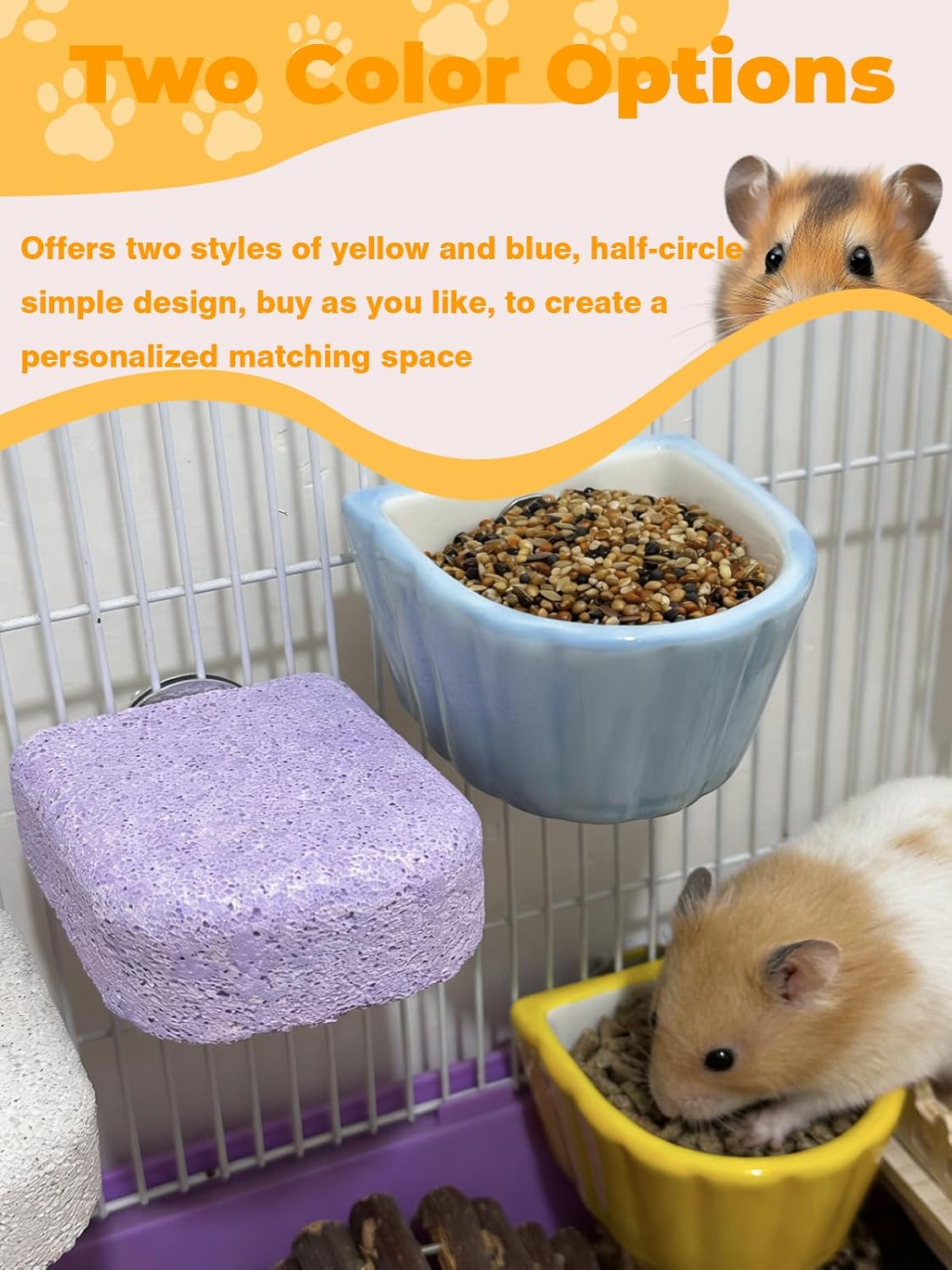 Chinchilla Food Bowl Ceramic Guinea Pig Cage Feeder Hanging Bunny Food Dish Small Animal Feeding Bowls for Syrian Hamster Ferret Gerbils (Yellow)