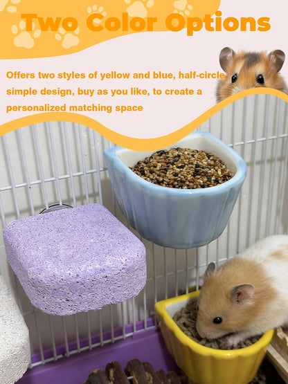 Chinchilla Food Bowl Ceramic Guinea Pig Cage Feeder Hanging Bunny Food Dish Small Animal Feeding Bowls for Syrian Hamster Ferret Gerbils (Yellow)