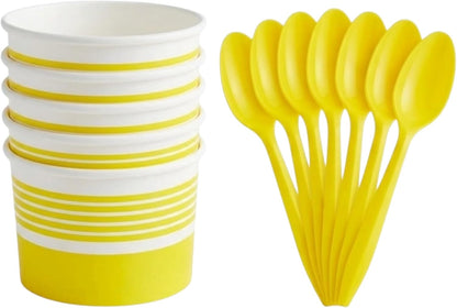 6 oz Ice Cream Cups with Spoons, Yellow, 25 Sets | Ideal for Ice Cream, Pudding, Gelato, Samples, Sides & Parties | Disposable Serving Set for Events, Bakeries & Catering