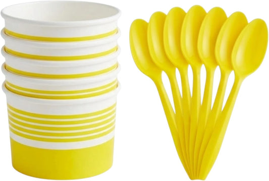 6 oz Ice Cream Cups with Spoons, Yellow, 25 Sets | Ideal for Ice Cream, Pudding, Gelato, Samples, Sides & Parties | Disposable Serving Set for Events, Bakeries & Catering