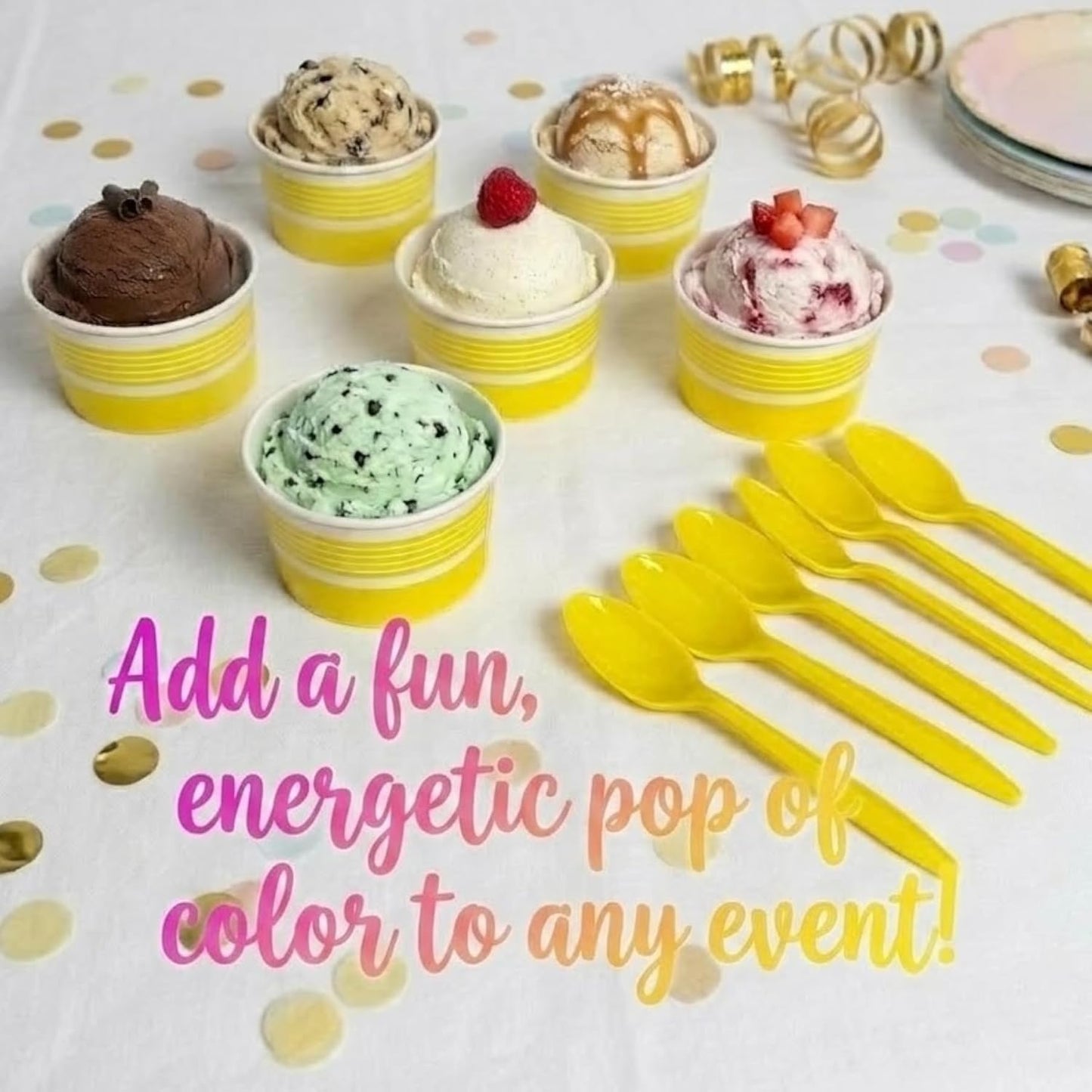 6 oz Ice Cream Cups with Spoons, Yellow, 25 Sets | Ideal for Ice Cream, Pudding, Gelato, Samples, Sides & Parties | Disposable Serving Set for Events, Bakeries & Catering