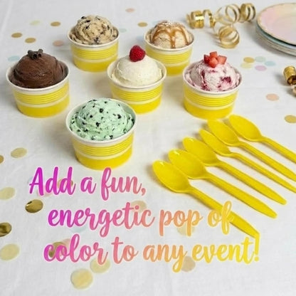 6 oz Ice Cream Cups with Spoons, Yellow, 25 Sets | Ideal for Ice Cream, Pudding, Gelato, Samples, Sides & Parties | Disposable Serving Set for Events, Bakeries & Catering