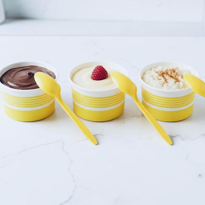 6 oz Ice Cream Cups with Spoons, Yellow, 25 Sets | Ideal for Ice Cream, Pudding, Gelato, Samples, Sides & Parties | Disposable Serving Set for Events, Bakeries & Catering