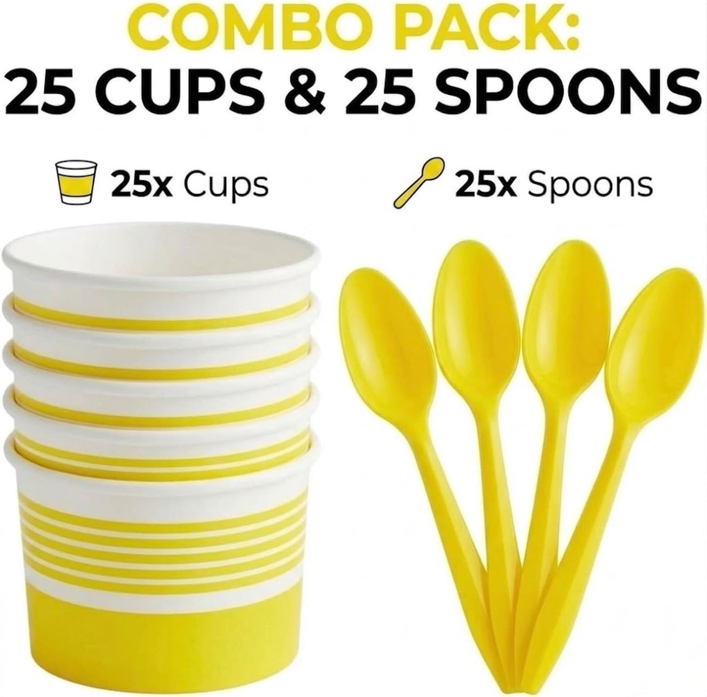 6 oz Ice Cream Cups with Spoons, Yellow, 25 Sets | Ideal for Ice Cream, Pudding, Gelato, Samples, Sides & Parties | Disposable Serving Set for Events, Bakeries & Catering