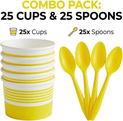 6 oz Ice Cream Cups with Spoons, Yellow, 25 Sets | Ideal for Ice Cream, Pudding, Gelato, Samples, Sides & Parties | Disposable Serving Set for Events, Bakeries & Catering