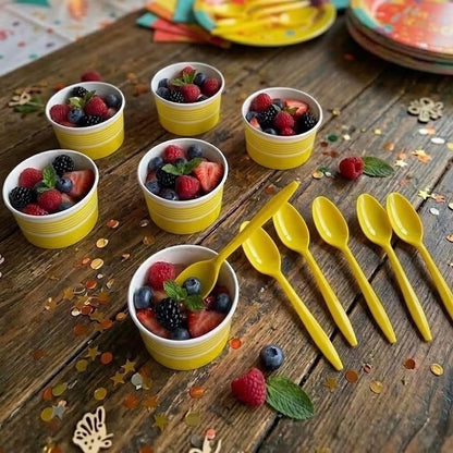 6 oz Ice Cream Cups with Spoons, Yellow, 25 Sets | Ideal for Ice Cream, Pudding, Gelato, Samples, Sides & Parties | Disposable Serving Set for Events, Bakeries & Catering