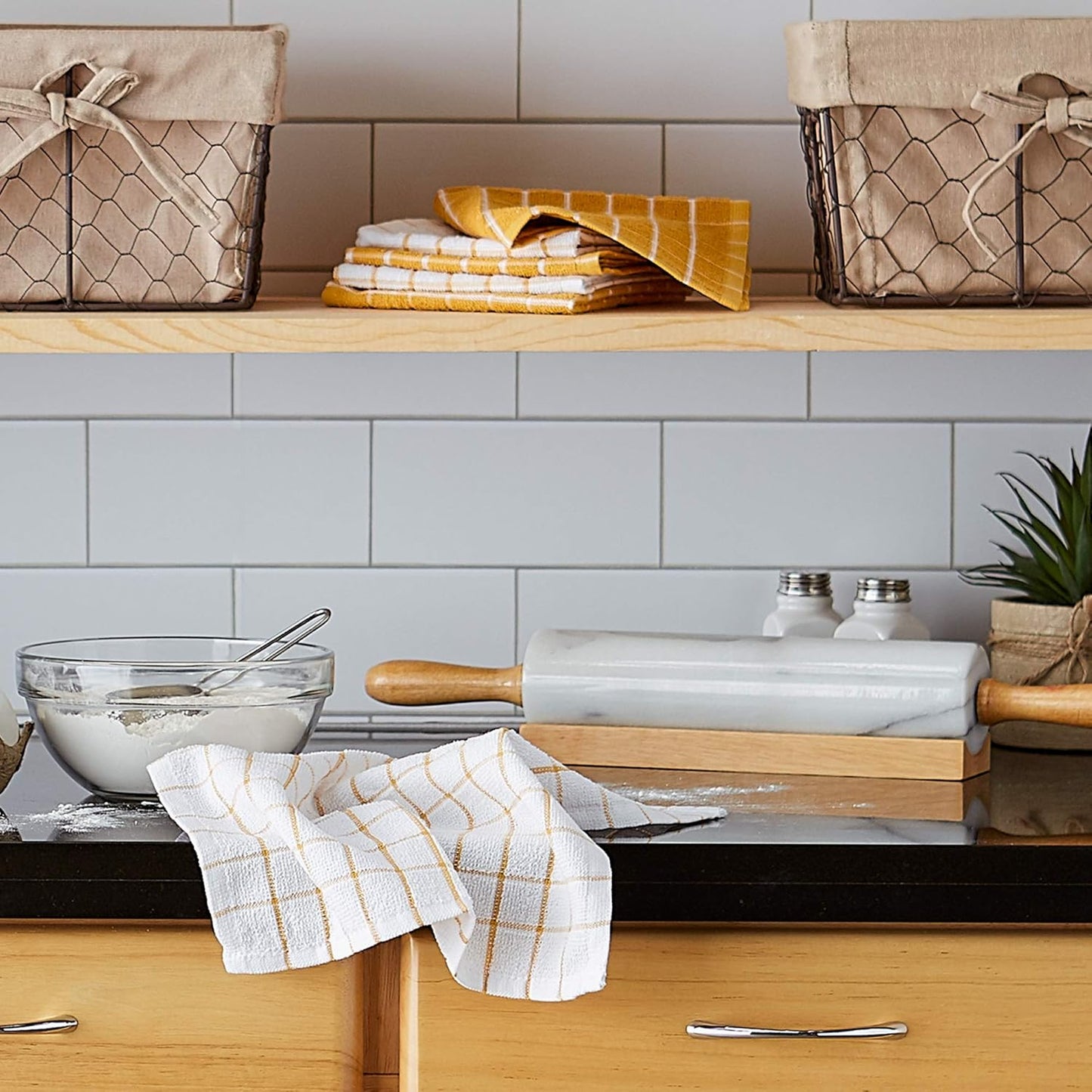 Basic Terry Collection Windowpane Dishcloth Set, 12x12, Yellow, 6 Piece