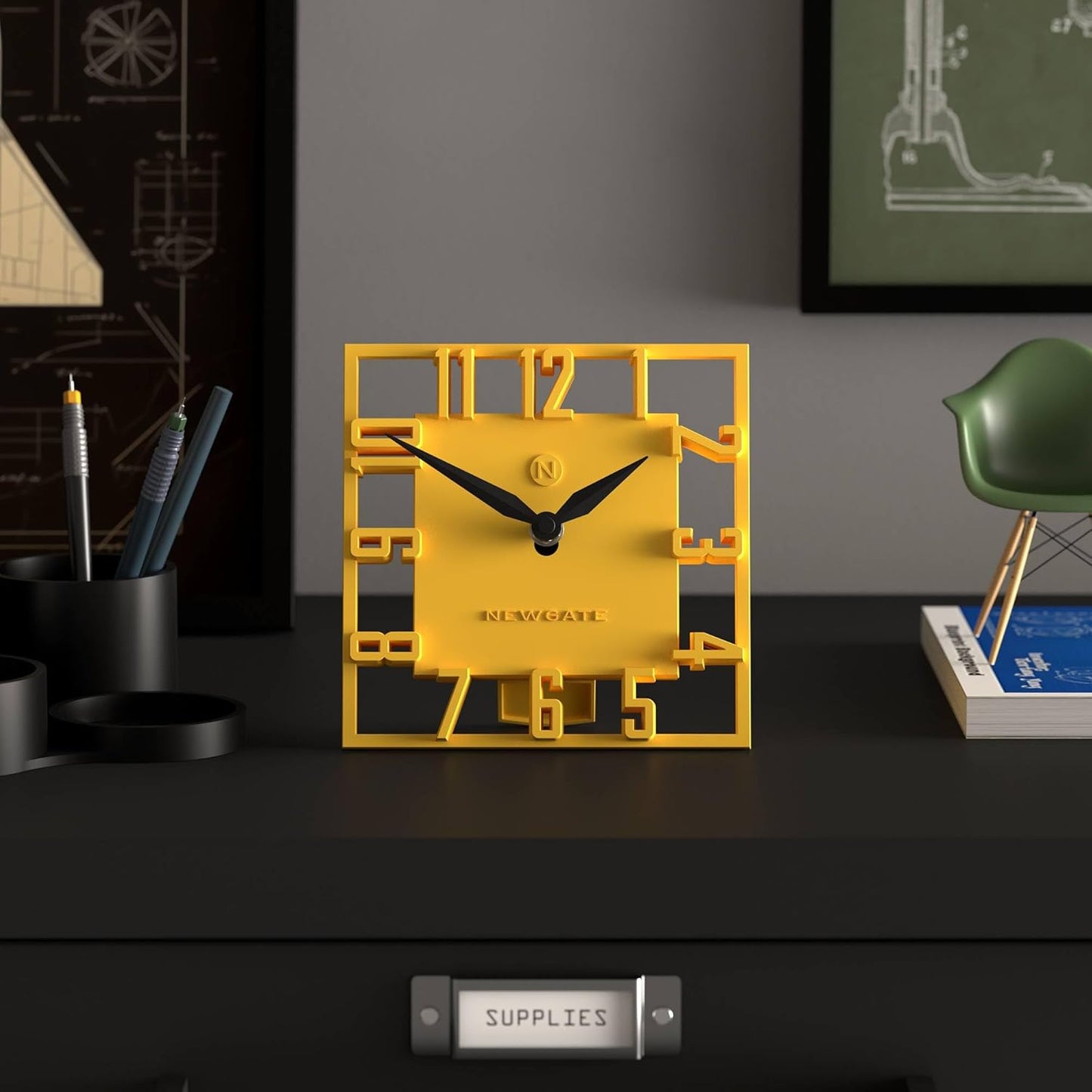 ® Highline Desk Clock | Square skeleten Clock | Yellow | Modern Designer Style for Desk, Table top, Mantel, Shelf or Bedside | for Kitchen, Living Room, Office