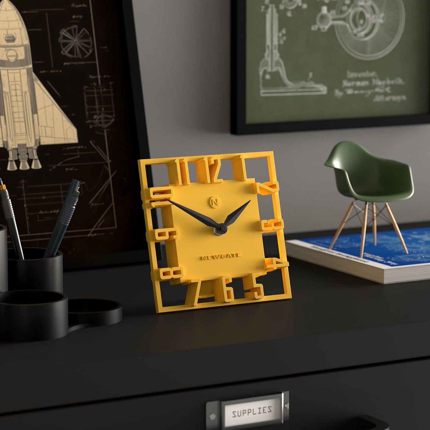® Highline Desk Clock | Square skeleten Clock | Yellow | Modern Designer Style for Desk, Table top, Mantel, Shelf or Bedside | for Kitchen, Living Room, Office