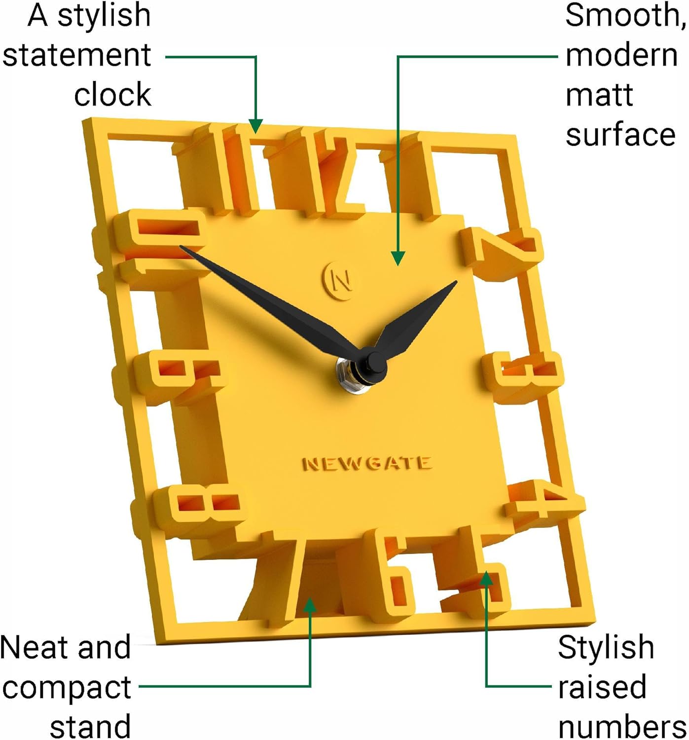 ® Highline Desk Clock | Square skeleten Clock | Yellow | Modern Designer Style for Desk, Table top, Mantel, Shelf or Bedside | for Kitchen, Living Room, Office