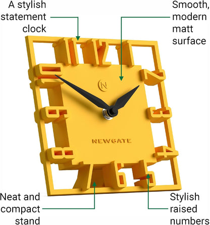 ® Highline Desk Clock | Square skeleten Clock | Yellow | Modern Designer Style for Desk, Table top, Mantel, Shelf or Bedside | for Kitchen, Living Room, Office