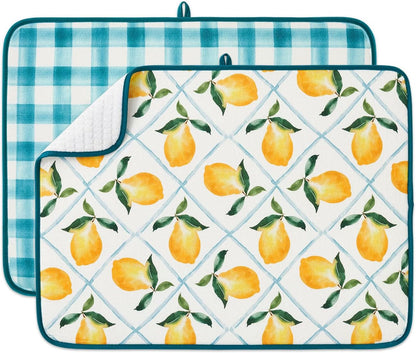 Printed Dish Drying Mats for Kitchen Counter 2 Pack Absorbent Reversible Drying Mats Microfiber Kitchen Countertop Protector Dishes Drying Pad Extra Large 18"x24" Dish Mat