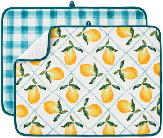 Printed Dish Drying Mats for Kitchen Counter 2 Pack Absorbent Reversible Drying Mats Microfiber Kitchen Countertop Protector Dishes Drying Pad Extra Large 18"x24" Dish Mat