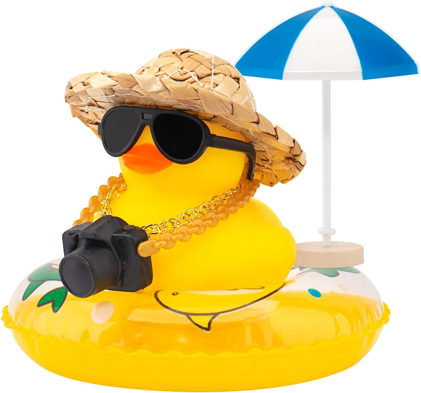 Car Rubber Ducks, Dashboard Decorations Swimming Duck for Car Ornament Accessories with Straw Hat, Glasses, Sunglasses, Sun Umbrella, Swim Ring, Mini Camera Dolphin Ring Yellow