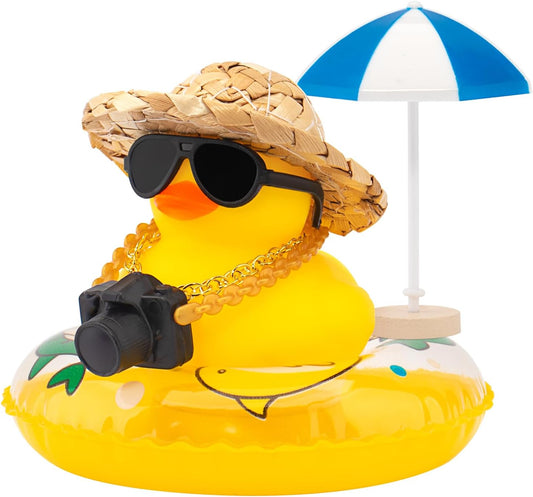 Car Rubber Ducks, Dashboard Decorations Swimming Duck for Car Ornament Accessories with Straw Hat, Glasses, Sunglasses, Sun Umbrella, Swim Ring, Mini Camera Dolphin Ring Yellow