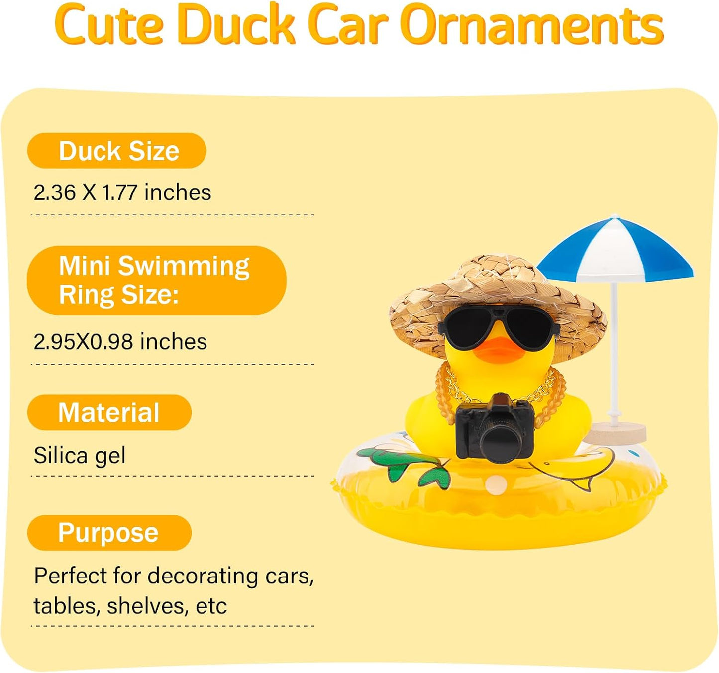 Car Rubber Ducks, Dashboard Decorations Swimming Duck for Car Ornament Accessories with Straw Hat, Glasses, Sunglasses, Sun Umbrella, Swim Ring, Mini Camera Dolphin Ring Yellow