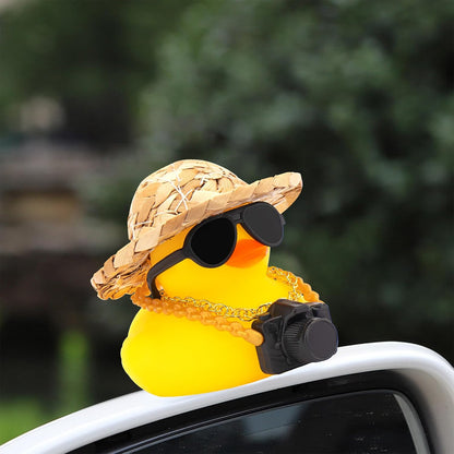Car Rubber Ducks, Dashboard Decorations Swimming Duck for Car Ornament Accessories with Straw Hat, Glasses, Sunglasses, Sun Umbrella, Swim Ring, Mini Camera Dolphin Ring Yellow