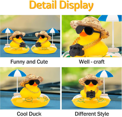 Car Rubber Ducks, Dashboard Decorations Swimming Duck for Car Ornament Accessories with Straw Hat, Glasses, Sunglasses, Sun Umbrella, Swim Ring, Mini Camera Dolphin Ring Yellow