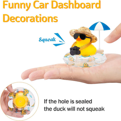 Car Rubber Ducks, Dashboard Decorations Swimming Duck for Car Ornament Accessories with Straw Hat, Glasses, Sunglasses, Sun Umbrella, Swim Ring, Mini Camera Dolphin Ring Yellow
