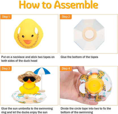 Car Rubber Ducks, Dashboard Decorations Swimming Duck for Car Ornament Accessories with Straw Hat, Glasses, Sunglasses, Sun Umbrella, Swim Ring, Mini Camera Dolphin Ring Yellow