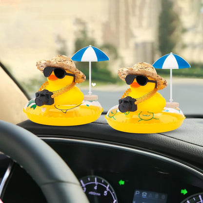 Car Rubber Ducks, Dashboard Decorations Swimming Duck for Car Ornament Accessories with Straw Hat, Glasses, Sunglasses, Sun Umbrella, Swim Ring, Mini Camera Dolphin Ring Yellow