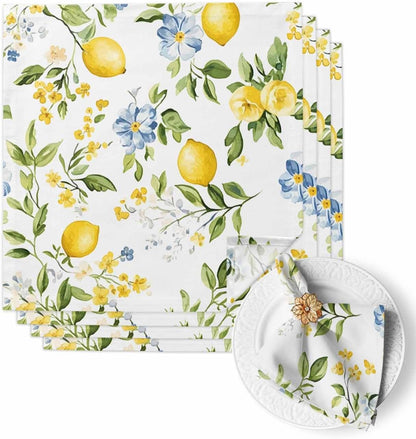Summer Lemon Yellow Flower Cloth Napkins Set of 4,Washable Soft Dinner Napkins Watercolor Farm Fruit Reuseable Table Napkin for Wedding Parties Holiday Events