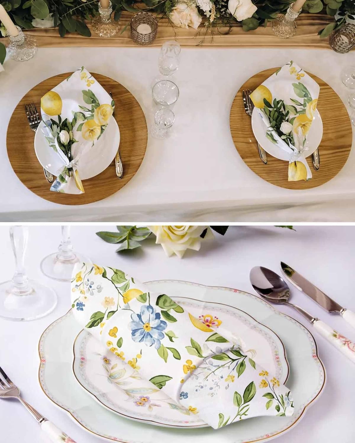 Summer Lemon Yellow Flower Cloth Napkins Set of 4,Washable Soft Dinner Napkins Watercolor Farm Fruit Reuseable Table Napkin for Wedding Parties Holiday Events