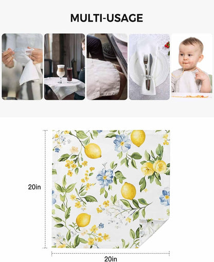 Summer Lemon Yellow Flower Cloth Napkins Set of 4,Washable Soft Dinner Napkins Watercolor Farm Fruit Reuseable Table Napkin for Wedding Parties Holiday Events