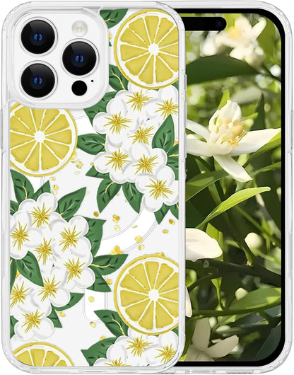 for iPhone 16 Pro Max Flower Case Magnetic [Compatible with MagSafe] Floral Pattern Clear Shockproof [Hard PC Back Soft TPU Edge] Slim Cover for Girls Women iPhone 16 Pro Max, Lemon Flower