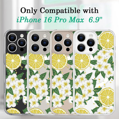 for iPhone 16 Pro Max Flower Case Magnetic [Compatible with MagSafe] Floral Pattern Clear Shockproof [Hard PC Back Soft TPU Edge] Slim Cover for Girls Women iPhone 16 Pro Max, Lemon Flower