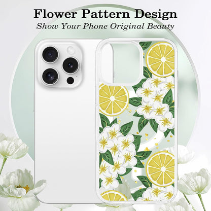 for iPhone 16 Pro Max Flower Case Magnetic [Compatible with MagSafe] Floral Pattern Clear Shockproof [Hard PC Back Soft TPU Edge] Slim Cover for Girls Women iPhone 16 Pro Max, Lemon Flower