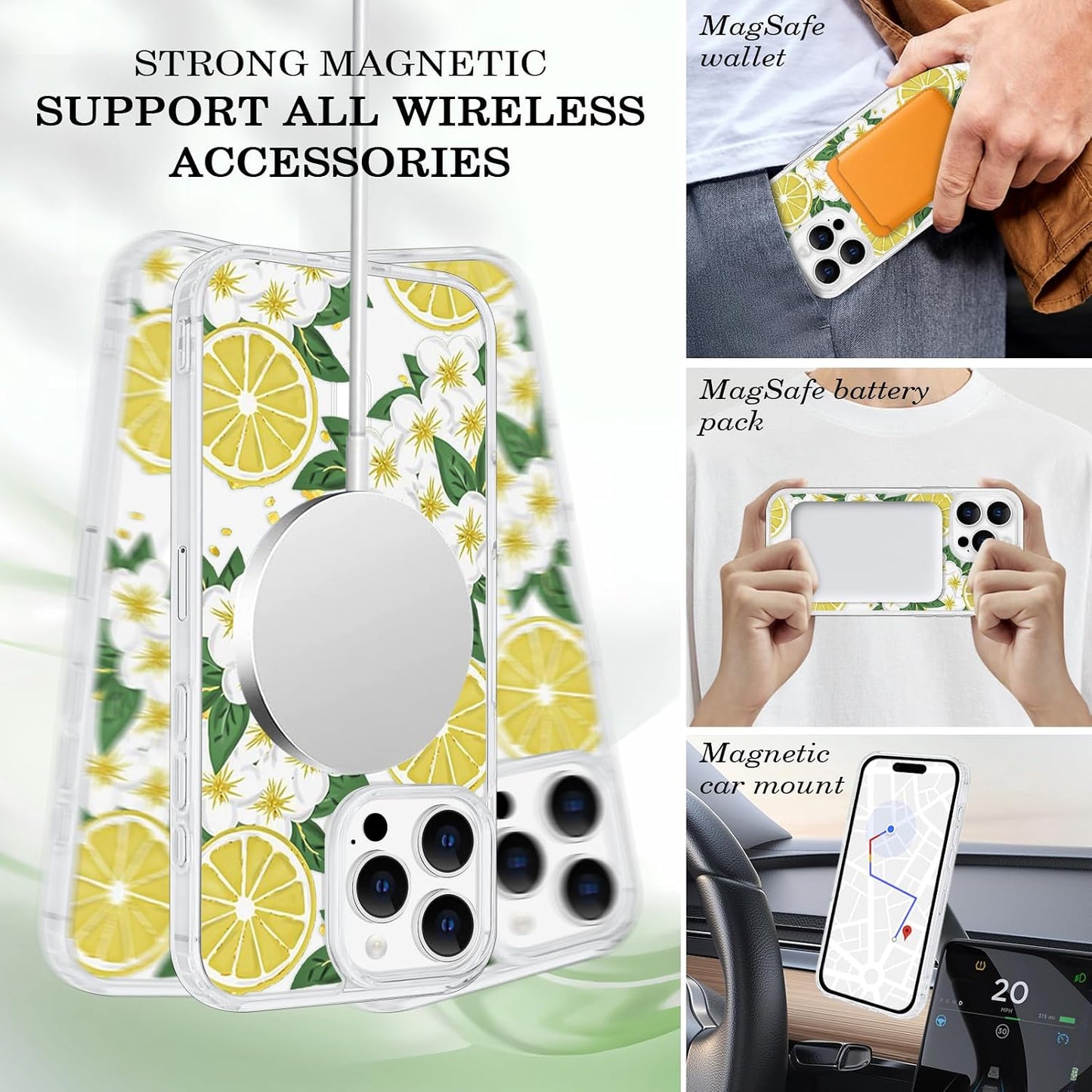 for iPhone 16 Pro Max Flower Case Magnetic [Compatible with MagSafe] Floral Pattern Clear Shockproof [Hard PC Back Soft TPU Edge] Slim Cover for Girls Women iPhone 16 Pro Max, Lemon Flower