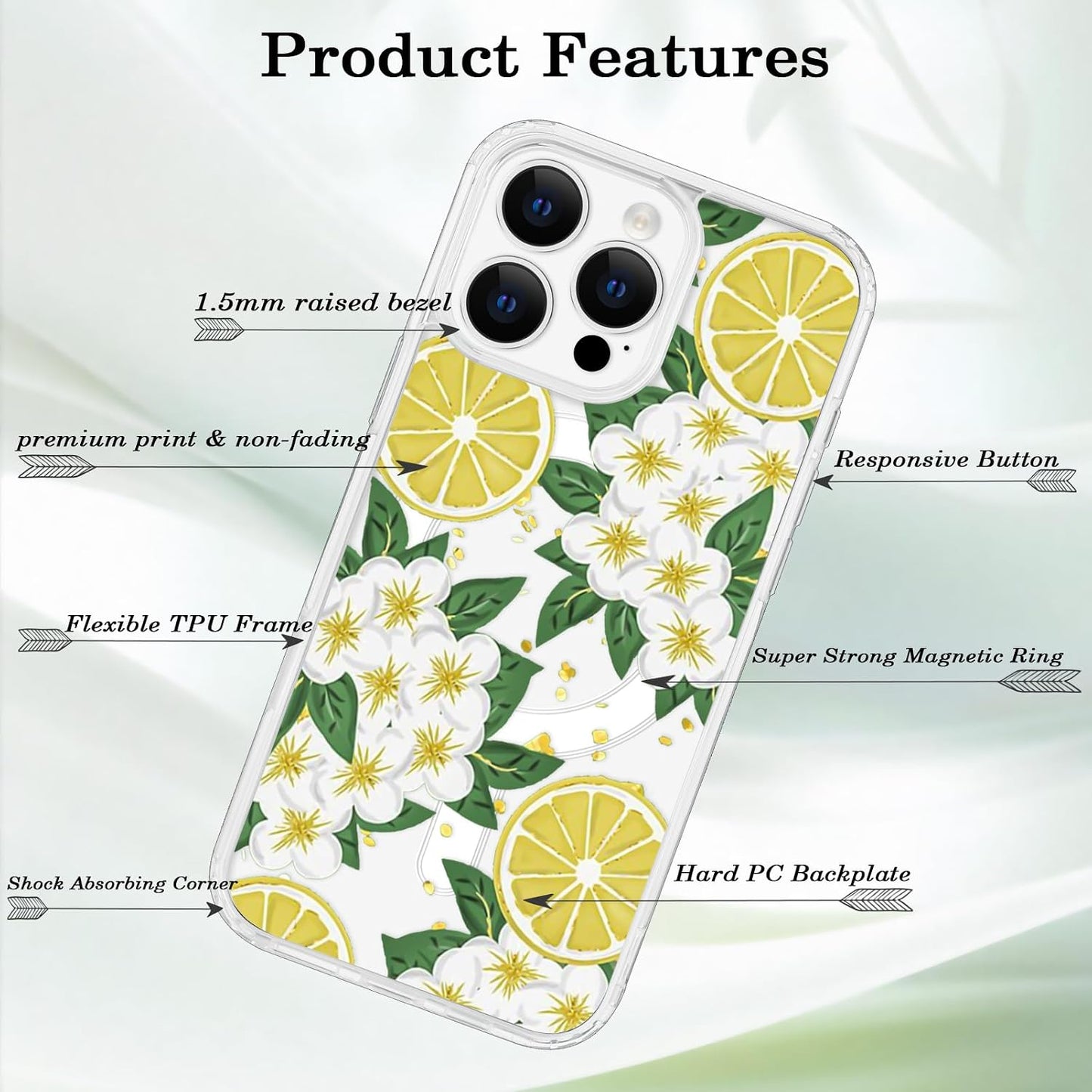 for iPhone 16 Pro Max Flower Case Magnetic [Compatible with MagSafe] Floral Pattern Clear Shockproof [Hard PC Back Soft TPU Edge] Slim Cover for Girls Women iPhone 16 Pro Max, Lemon Flower