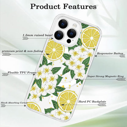 for iPhone 16 Pro Max Flower Case Magnetic [Compatible with MagSafe] Floral Pattern Clear Shockproof [Hard PC Back Soft TPU Edge] Slim Cover for Girls Women iPhone 16 Pro Max, Lemon Flower